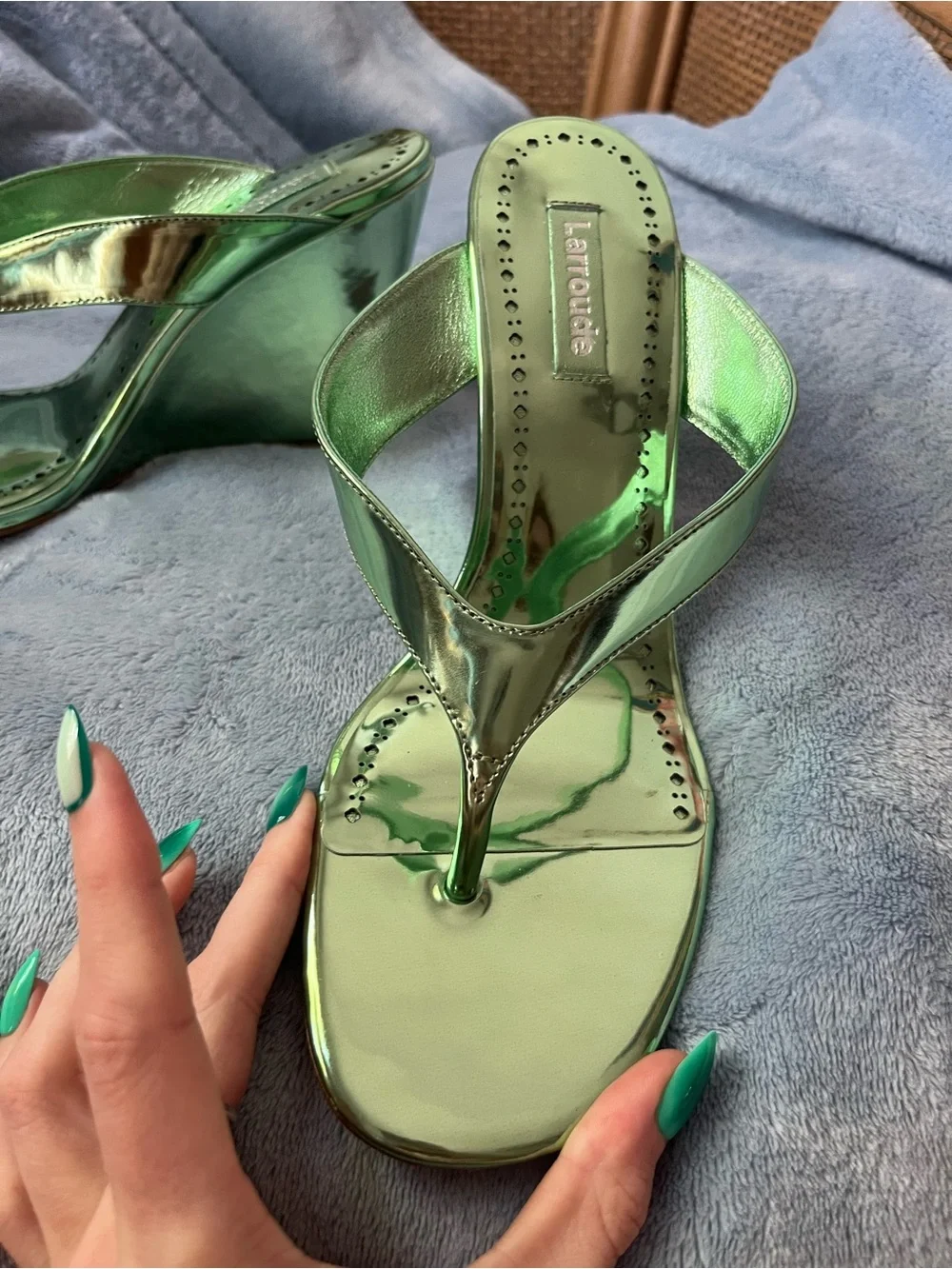 Larroude Gaia Wedge Sandal in Light Pear Specchio - Women's Metallic Green Wedge